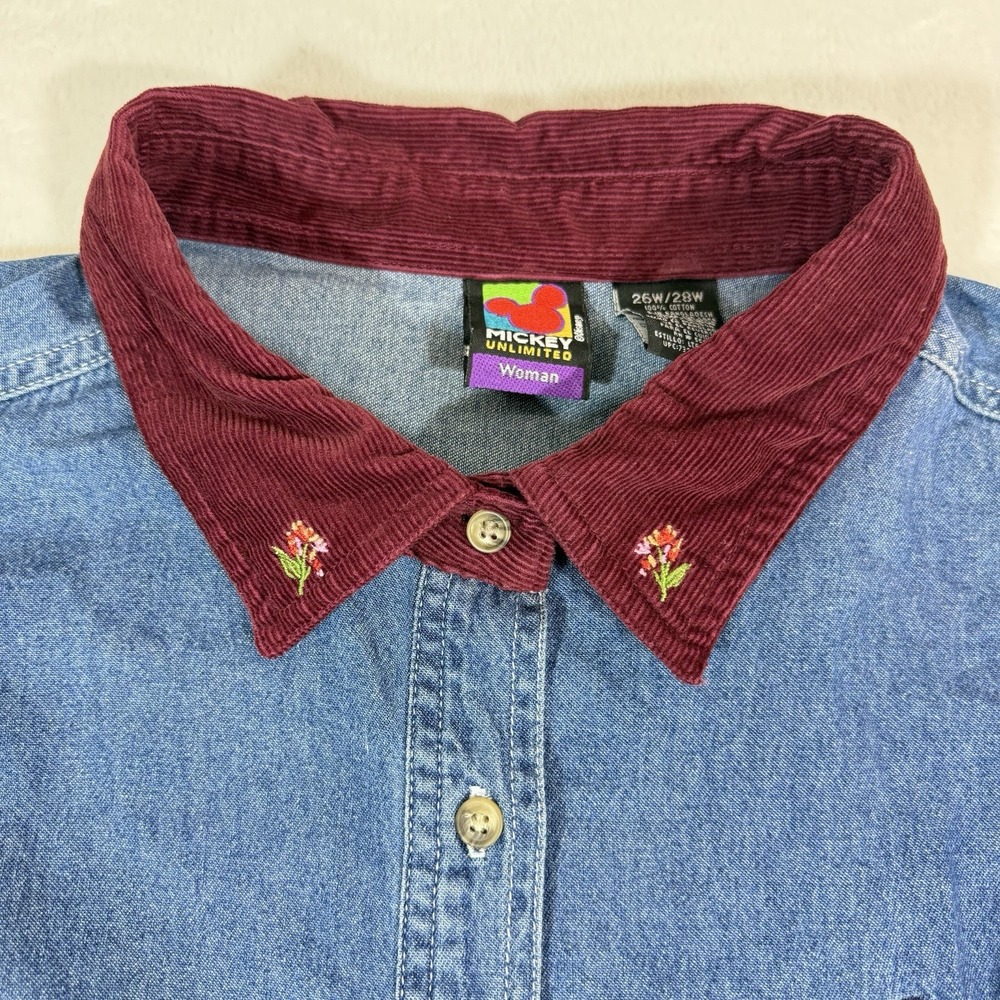 Vtg Y2K Micky Unlimited Embroidered Denim Shirt Womans 26/28 Disney Corduroy - Picture 10 of 14